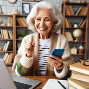 Mujer adulta mayor feliz estudiando para validar el bachillerato