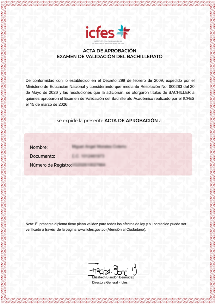 Acta de aprobación emitida por el Icfes