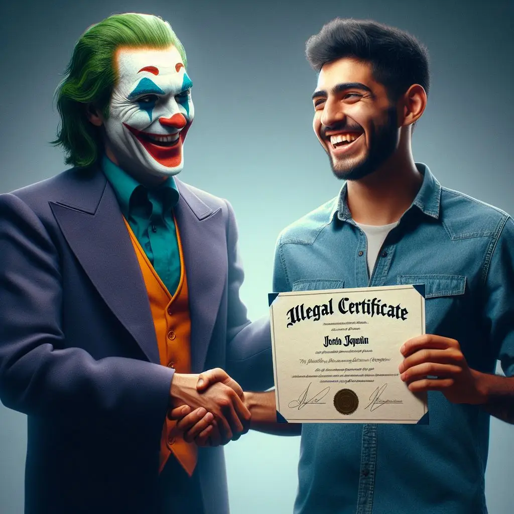 Maleante payaso entregando diploma ilegal a estudiante